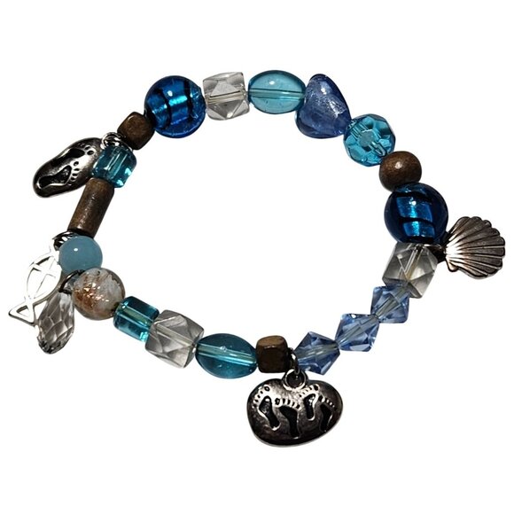 Footprints Prayer Blue Beaded Charm Bracelet Stretch Jesus Religious Christian - Picture 1 of 5